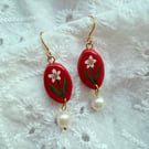Red Oval Daisy Pearl Drop Earrings, Hand Painted - FREE SHIPPING