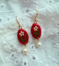 Red Oval Daisy Pearl Drop Earrings, Hand Painted - FREE SHIPPING