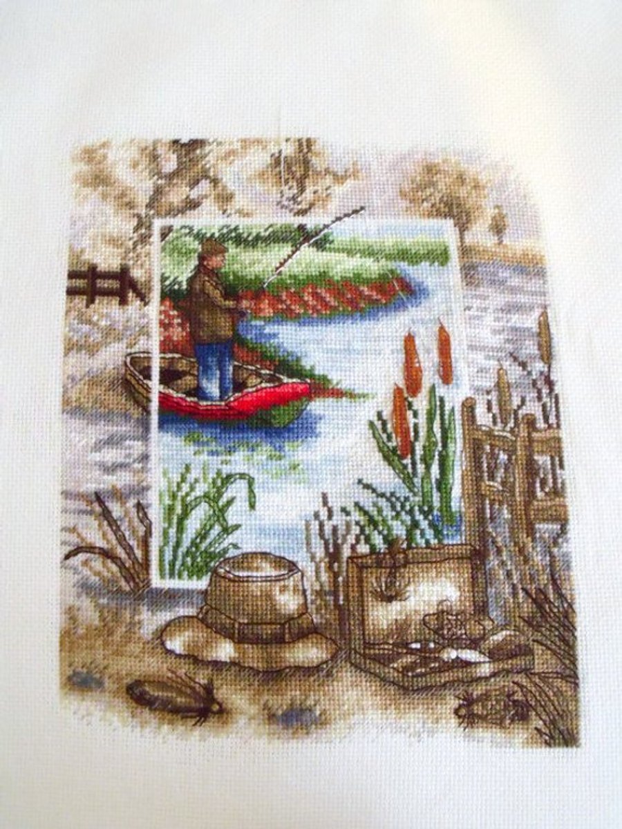Sepia fisherman cross stitch ready to frame for the angler in your life