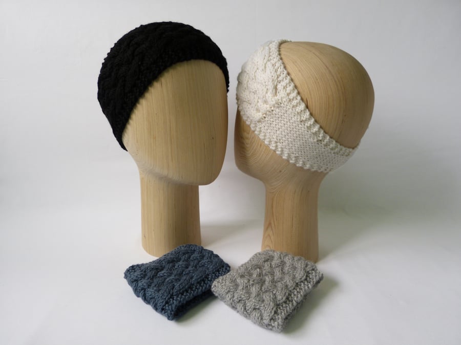 Black White Silver or Denim Blue Hand Knitted Headband Ear Warmer 