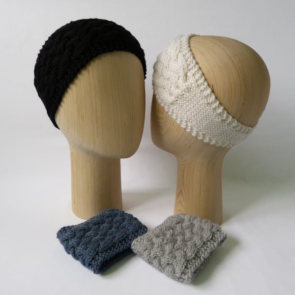 Black White Silver or Denim Blue Hand Knitted Headband Ear Warmer 