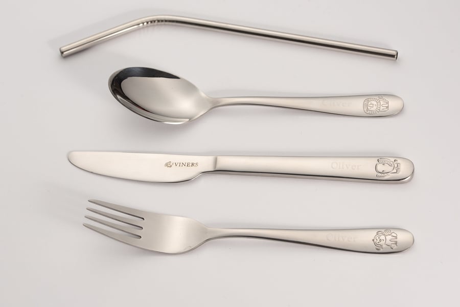Childrens Personalised Engraved Safari Cutlery Set and Gift Box