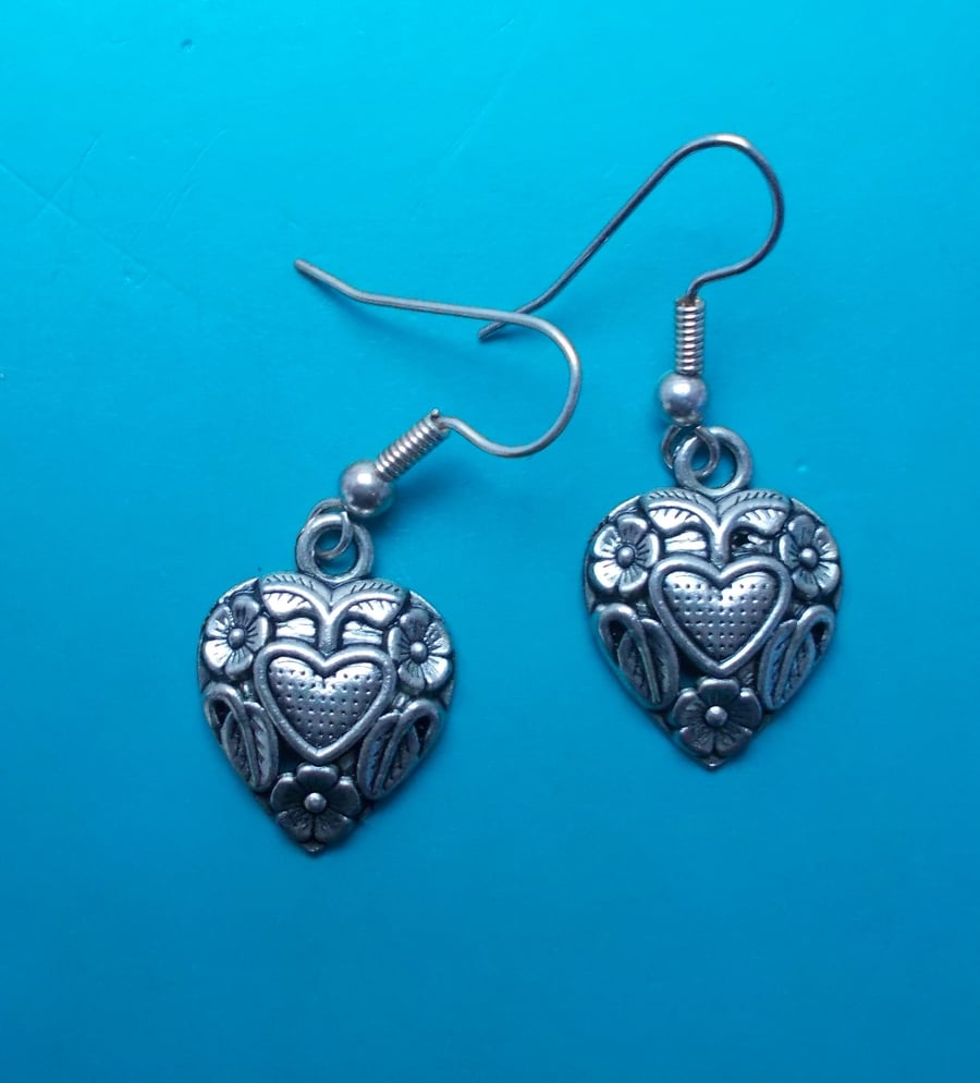 Embossed Tibetan Silver Heart Earrings
