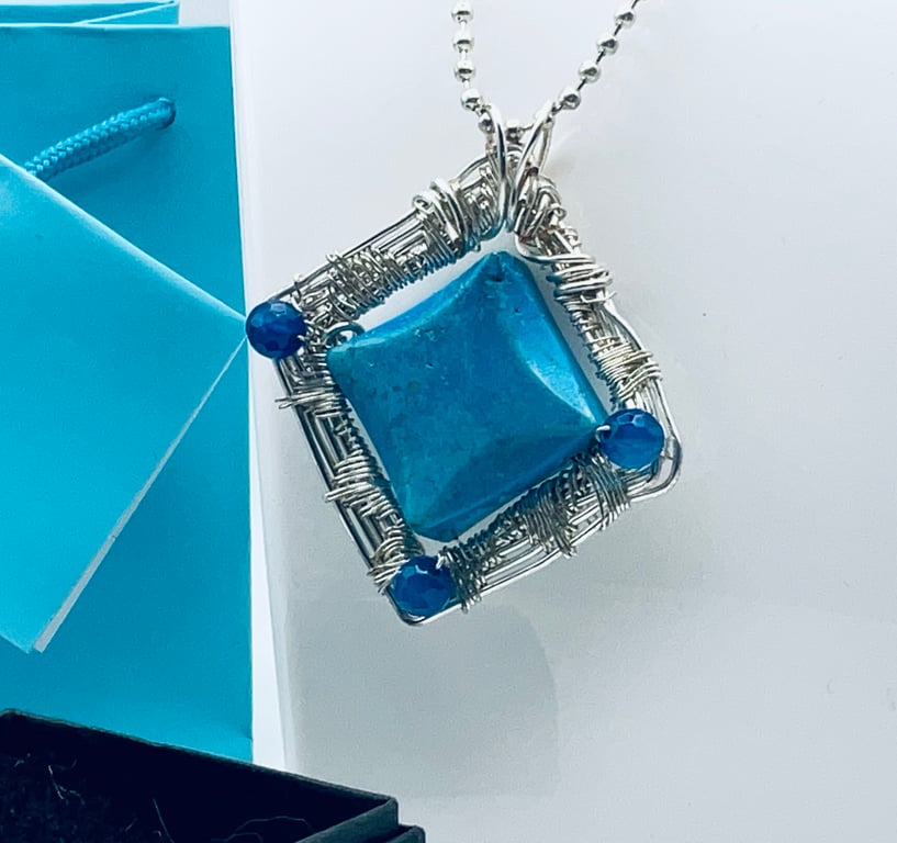 Bergen buys duck egg blue unknown gemstone wire art square pendant