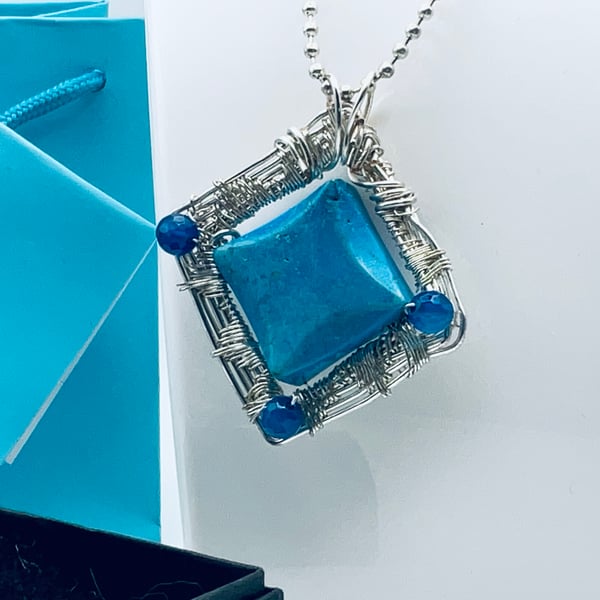 Bergen buys duck egg blue unknown gemstone wire art square pendant