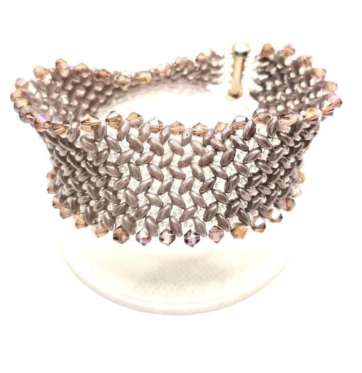 Purple herringbone style bracelet with superduo beads and Swarovski crystals
