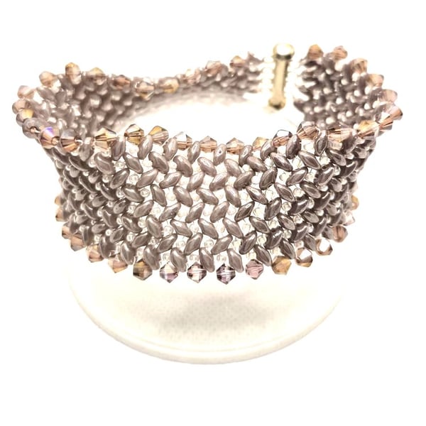Purple herringbone style bracelet with superduo beads and Swarovski crystals
