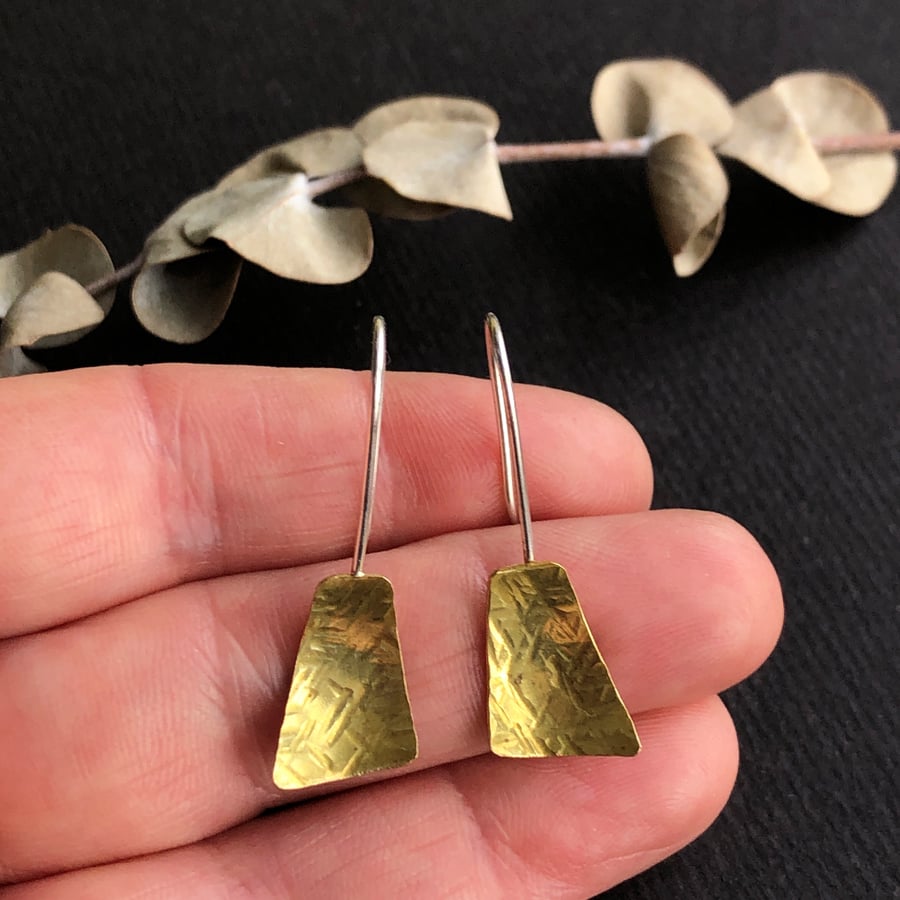Brass and sterling silver drop stud earring. Brass jewellery.