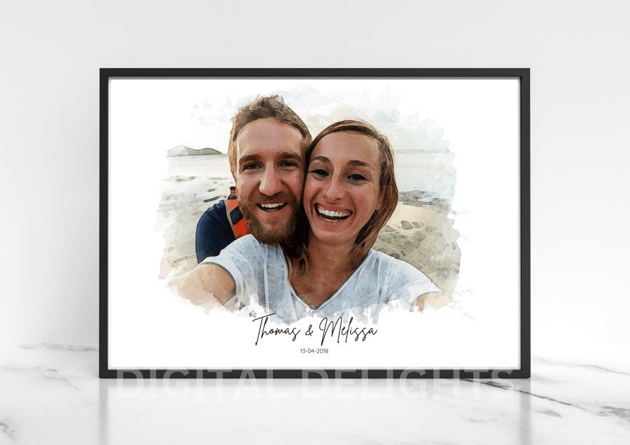 Custom Watercolor Couples Portrait, Valentines, Engagement, Anniversary