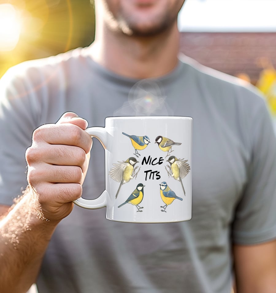 Nice Tits Mug  Funny Blue Tits Birdwatching Gift  Cheeky Mug for Bird Lovers