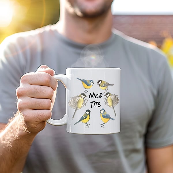 Nice Tits Mug  Funny Blue Tits Birdwatching Gift  Cheeky Mug for Bird Lovers