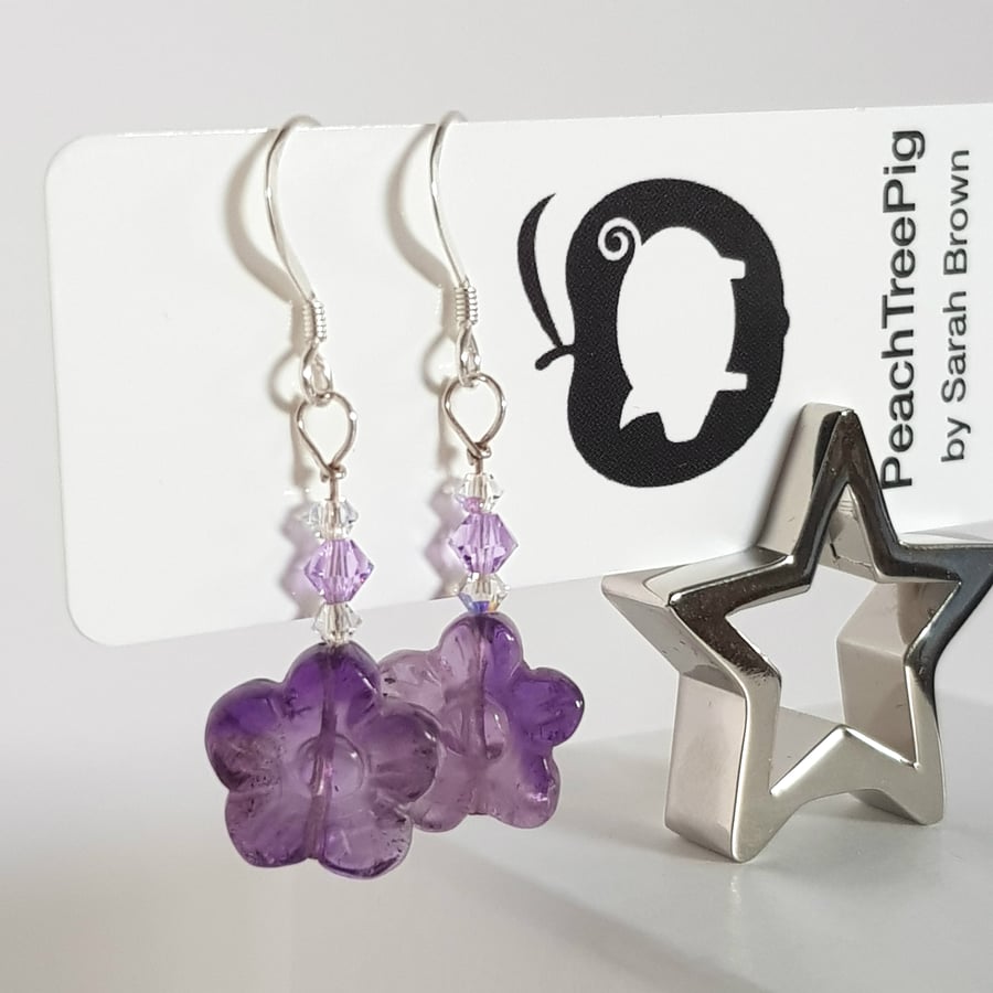 Purple Amethyst Flower and Swarovski Crystal Drop Earrings