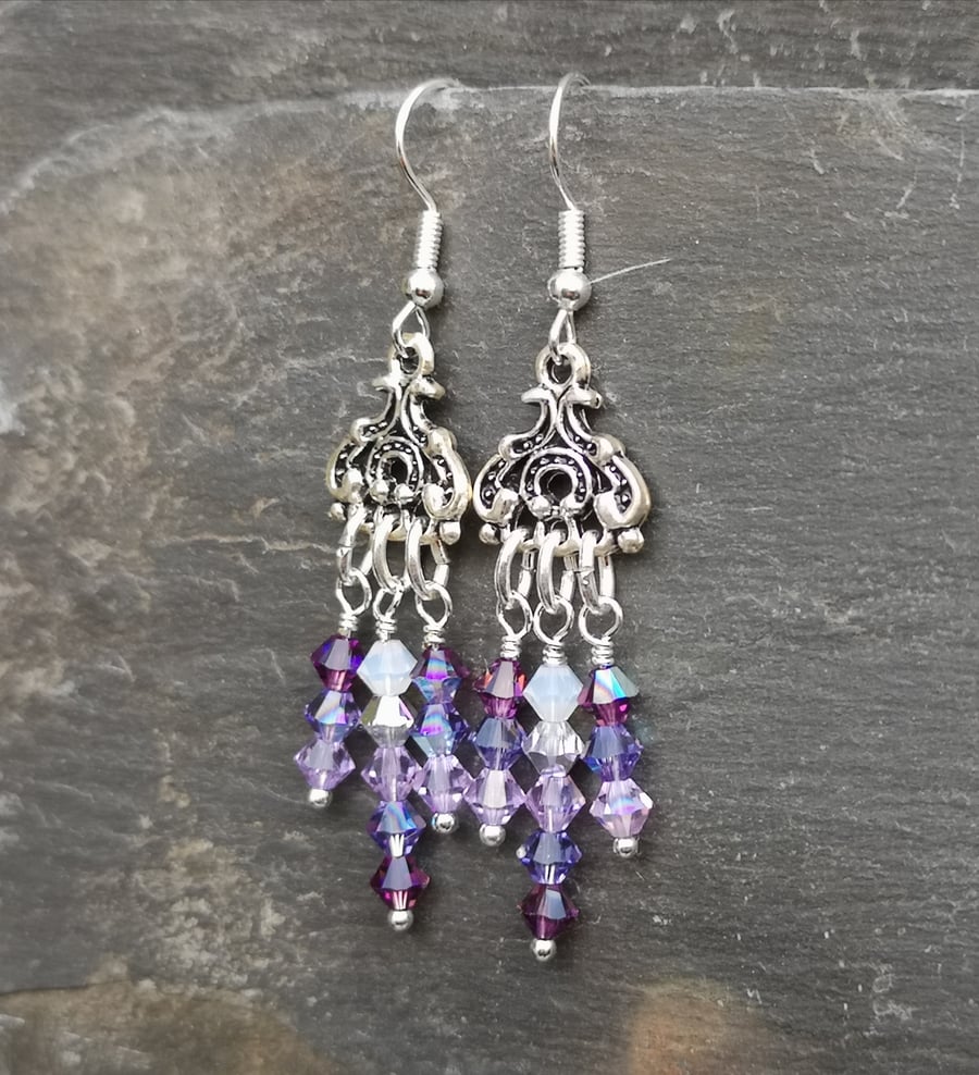 Swarovski crystal dangly earrings, silver plated, purple, lilac, mauve