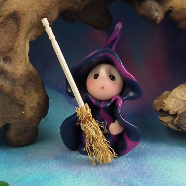 Tiny Witch Gnome 'Gnarla' with broomstick OOAK Sculpt by Ann Galvin