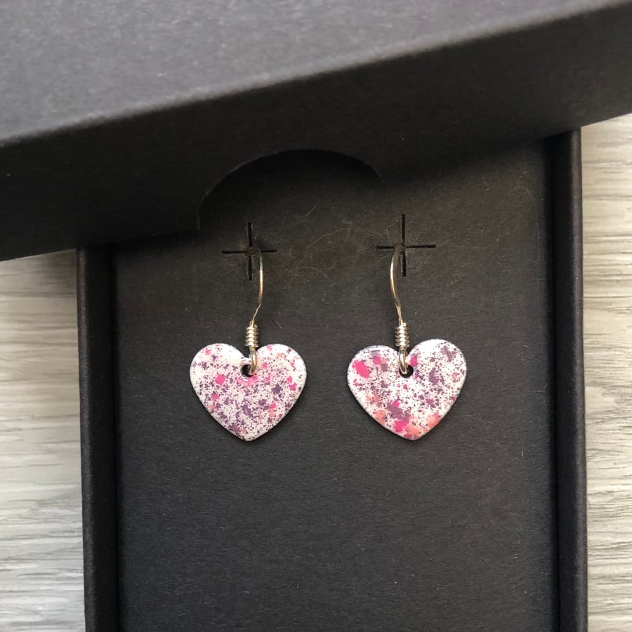 White & pink splash enamel heart charm, sterling silver earrings 