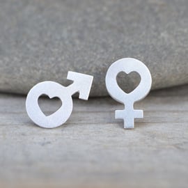 Mars & Venus heart earring studs in sterling silver, with heart shapes