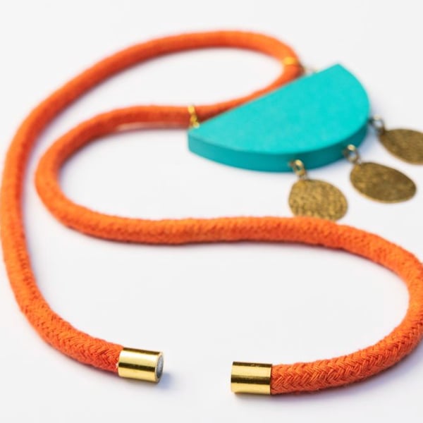 Rope statement necklace with wooden & brass bib detail (The Gidleigh necklace) 