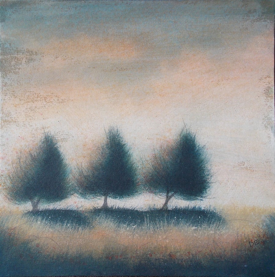 Three Trees - original acrylic landscape tree painting, 15cms x 15cms, unframed 