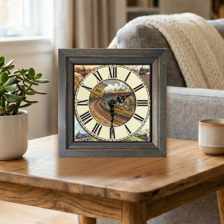 Vintage Style Steam Train Viaduct Scene Square Wooden Wall Clock -Handmade 8x8"