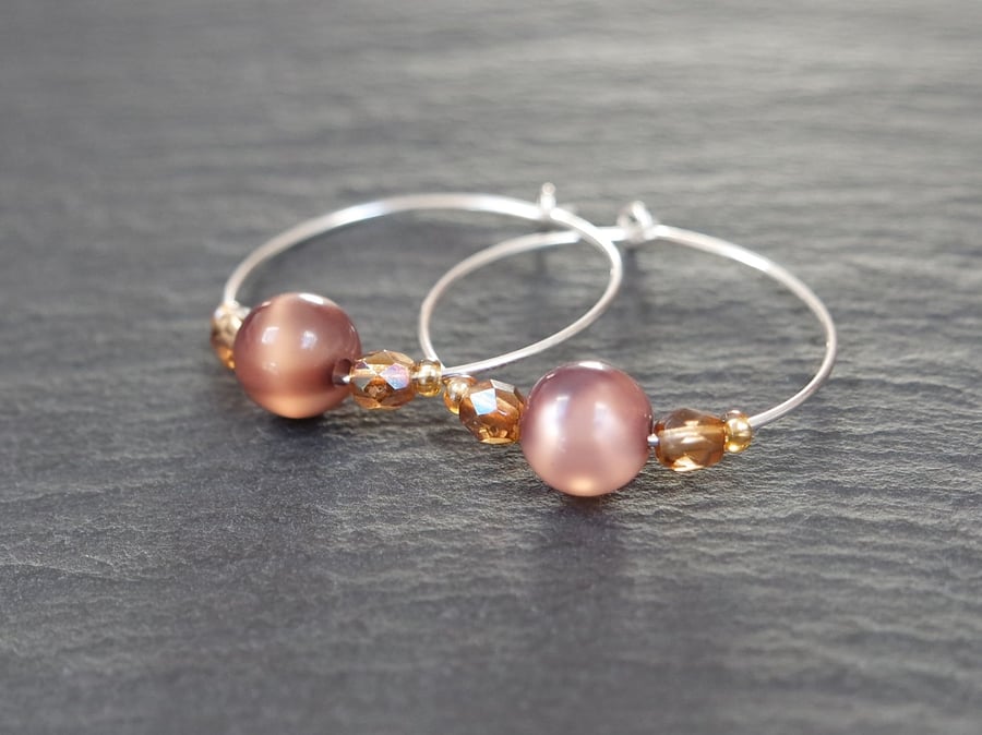 Sterling Silver Hoops - brown nude lustrous shimmer