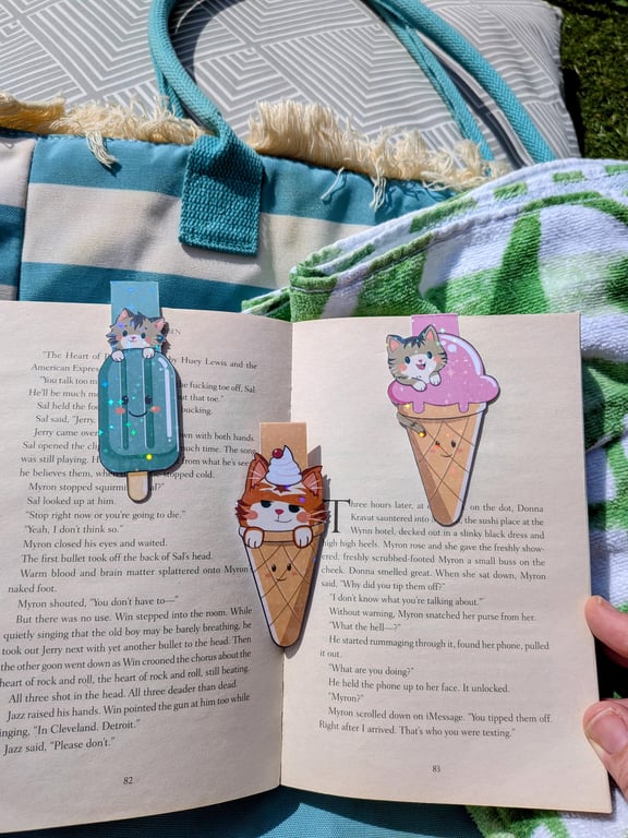 Holographic Cat Ice Cream Magnetic Bookmark, Summer Whimsical Page Marker