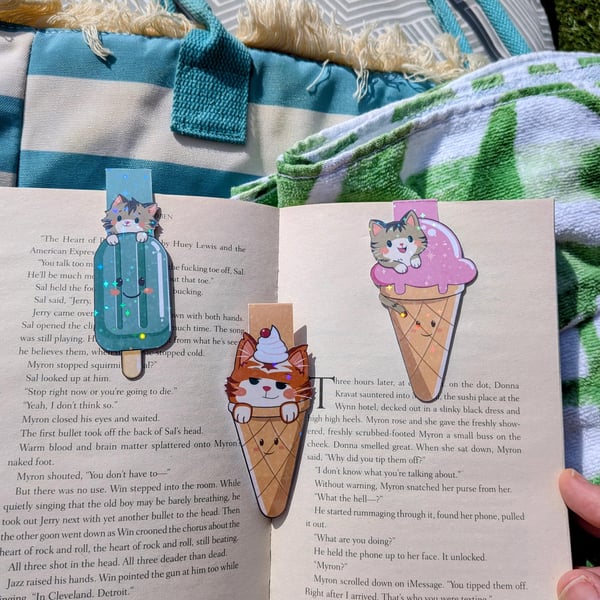 Holographic Cat Ice Cream Magnetic Bookmark, Summer Whimsical Page Marker