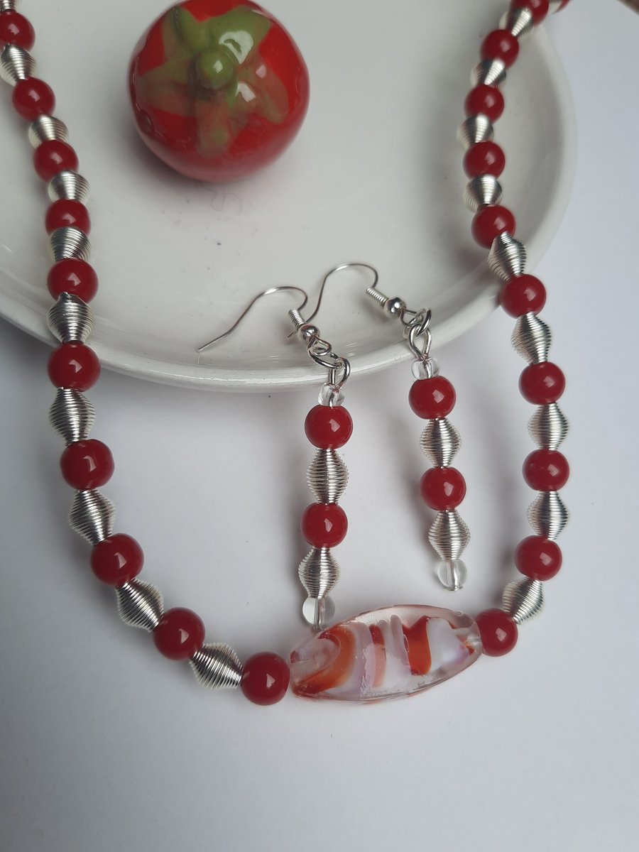 Handcrafted Red and Silver-tone Beaded Jewellery Set