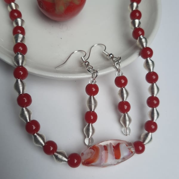 Handcrafted Red and Silver-tone Beaded Jewellery Set