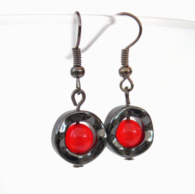 Hematite earrings with red jade, ideal gift for... - Folksy