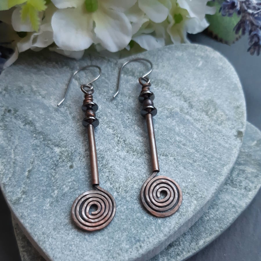 Copper Spiral Drop Earrings With Haematite 