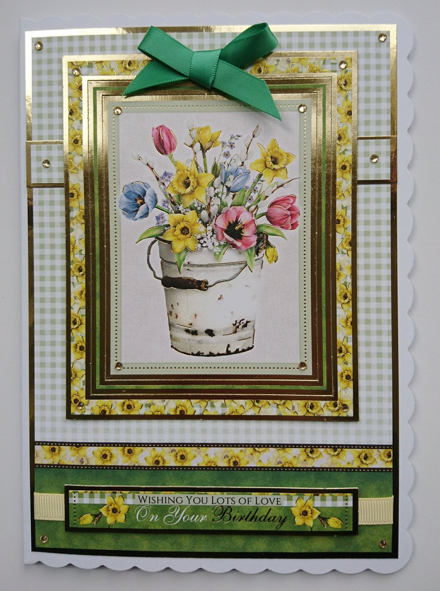 Birthday Card Lots of Love on Your Birthday Bucket of Spring Flowers