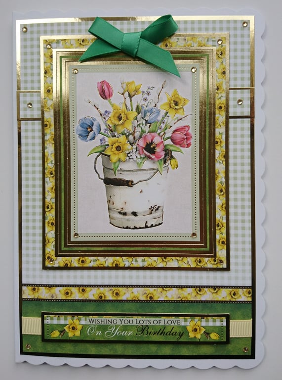 Birthday Card Lots of Love on Your Birthday Bucket of Spring Flowers