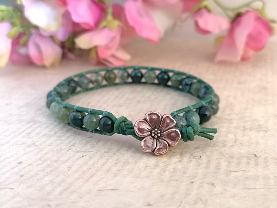 Green leather bracelet with moss agate beads and copper flower button