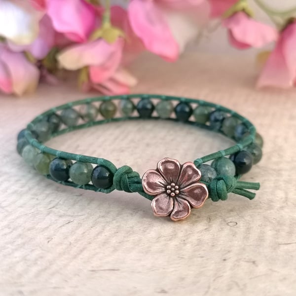 Green leather bracelet with moss agate beads and copper flower button