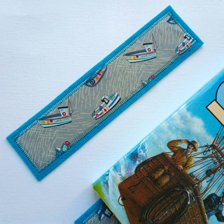 Fishing boats bookmark- textile bookmark in aqua blues and grey