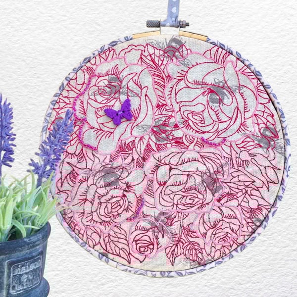 Roses & Bees Embroidery Hooped Decoration 20cm (8") ready to hang