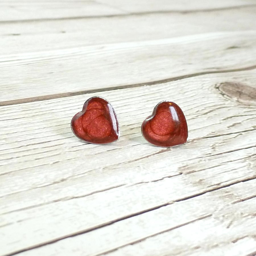 Red Heart Studs, deep red enamel and steel heart-shaped stud earrings