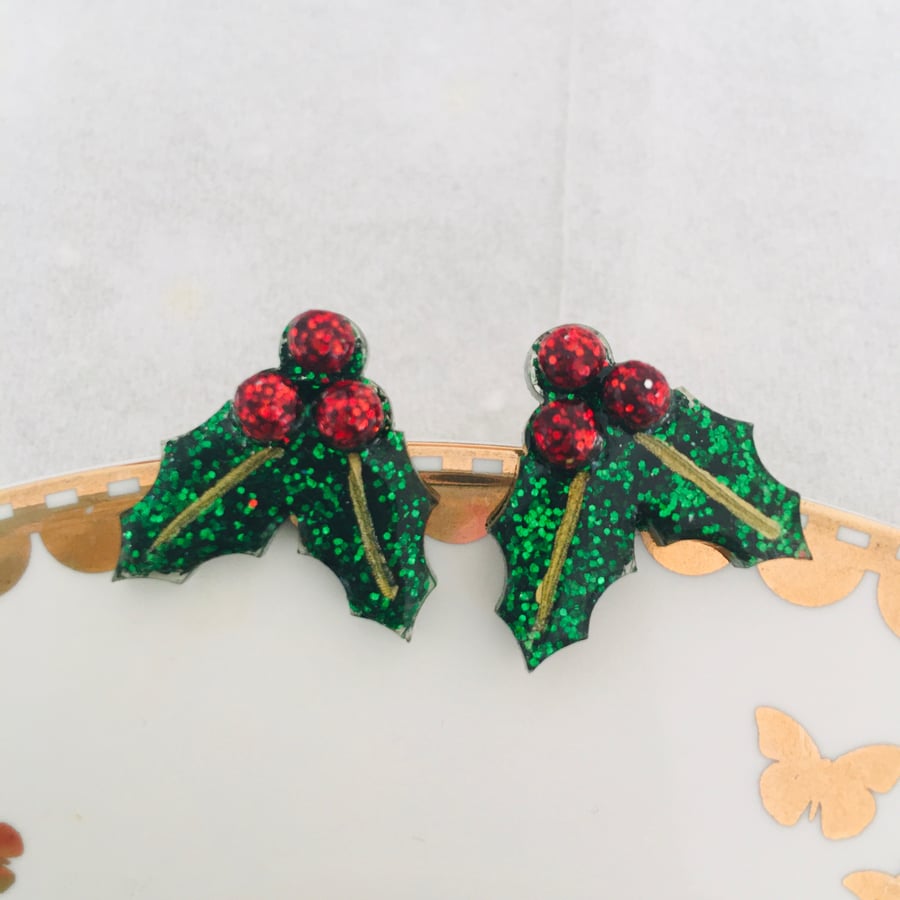 Christmas holly earrings 