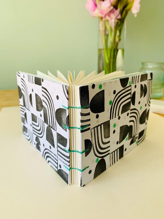 A6 Mixed Media Sketchbook with Unique, Hand-printed Covers and Coptic Binding.