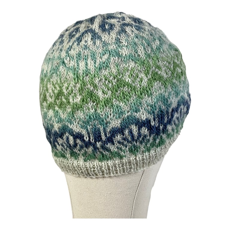 Fairisle hat, stranded beret, Norwegian hat, hand knit slouchy hat, green  hat,