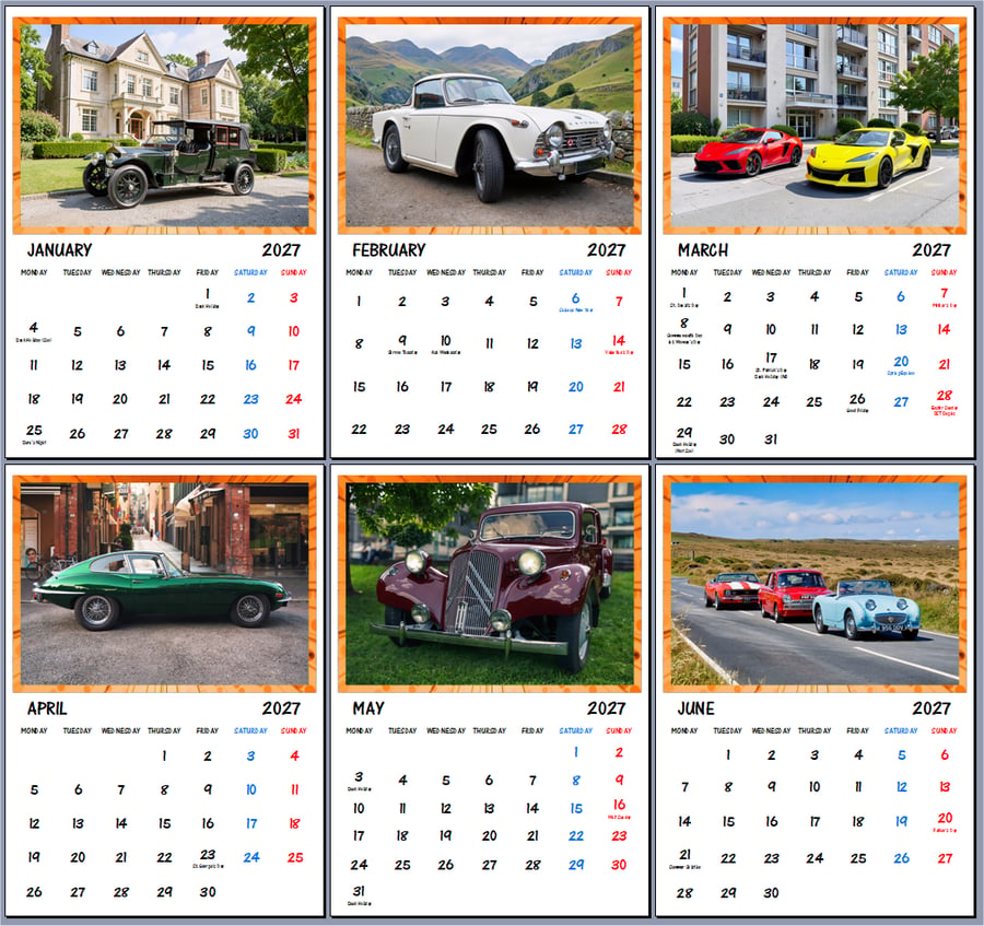 Classic Cars Calendar 2027 - A4 Wall Hanging Calendar - Vintage Automobile Print