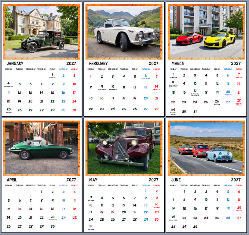 Classic Cars Calendar 2027 - A4 Wall Hanging Calendar - Vintage Automobile Print