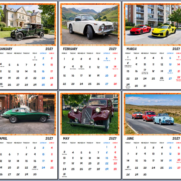 Classic Cars Calendar 2027 - A4 Wall Hanging Calendar - Vintage Automobile Print