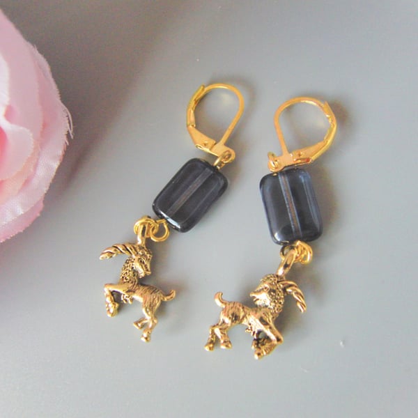  Gold Plated Earrings with Navy Glass Beads and a Gold Plated Goat Charm