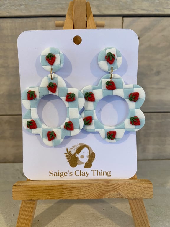 Strawberry Gingham Flower Power Earrings - Handmade Polymer Clay Earrings