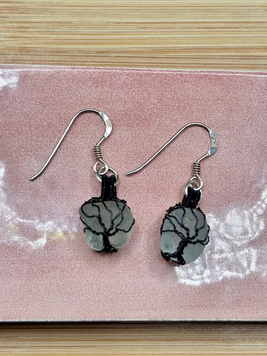 Scottish sea glass Tree of Life Sterling Silver fish hook earrings 