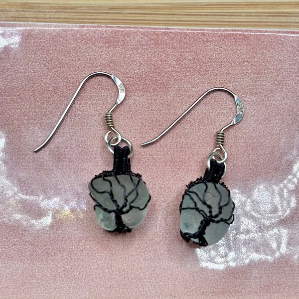 Scottish sea glass Tree of Life Sterling Silver fish hook earrings 