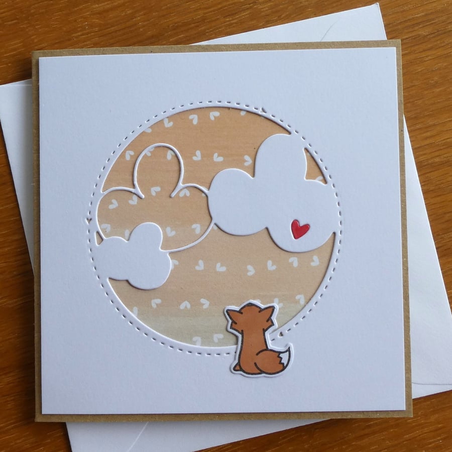 Fox With Clouds and Hearts Blank Card