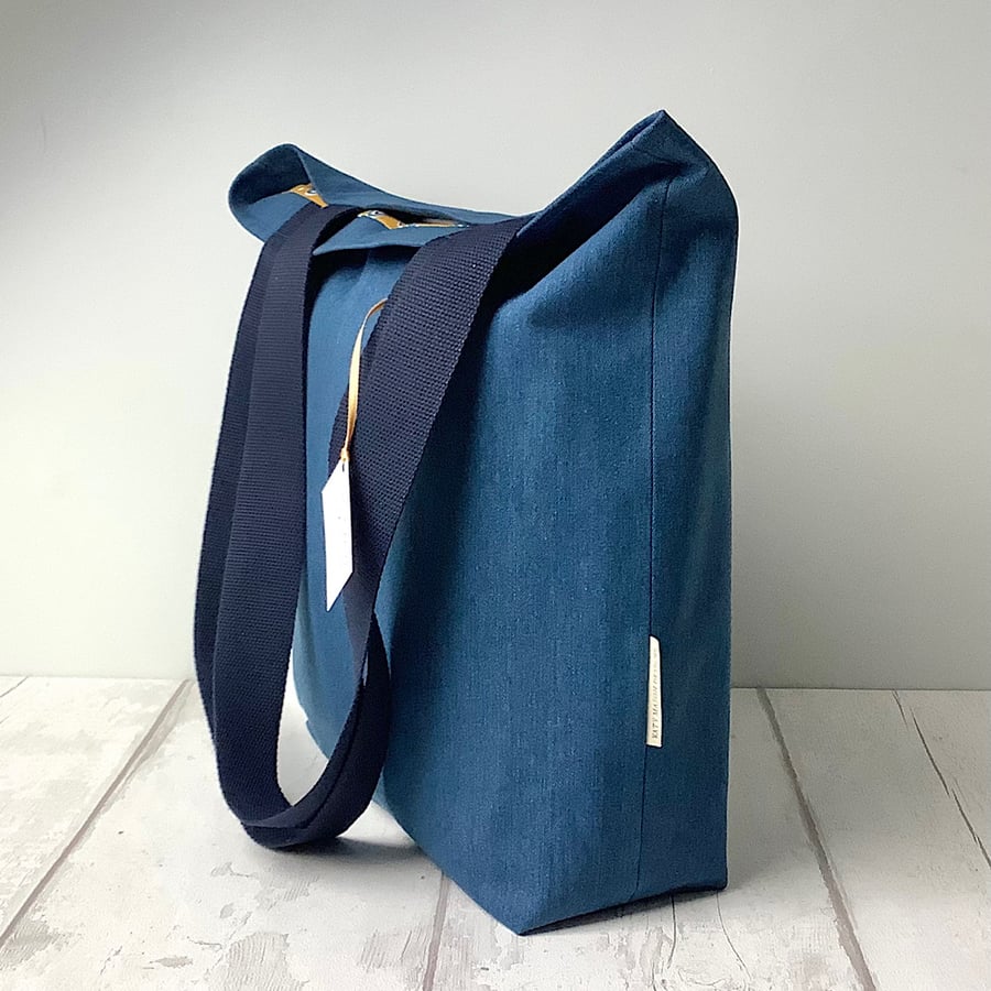 Mid Denim Tote Bag - Mustard Print Lining