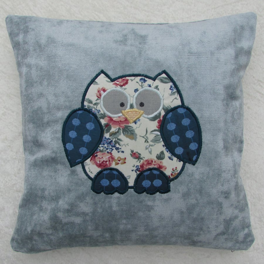 Owl cushion in duck egg blue with floral patterned owl